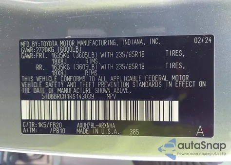 2024 Toyota Highlander Hybrid Le z USA, uszkodzony, nr VIN 5TDBBRCH1RS143039